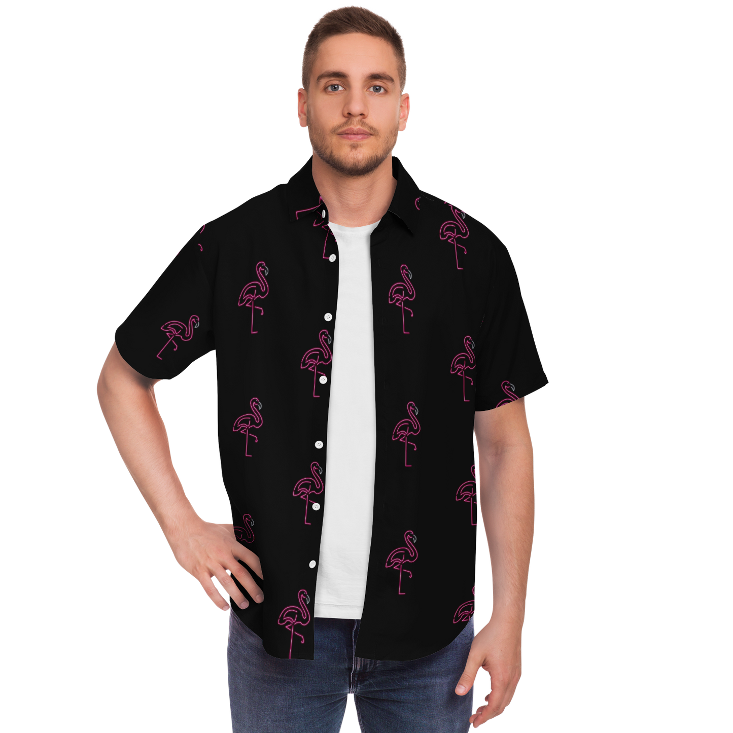 Neon Flamingos-Short Sleeve Button Down Shirt - AOP