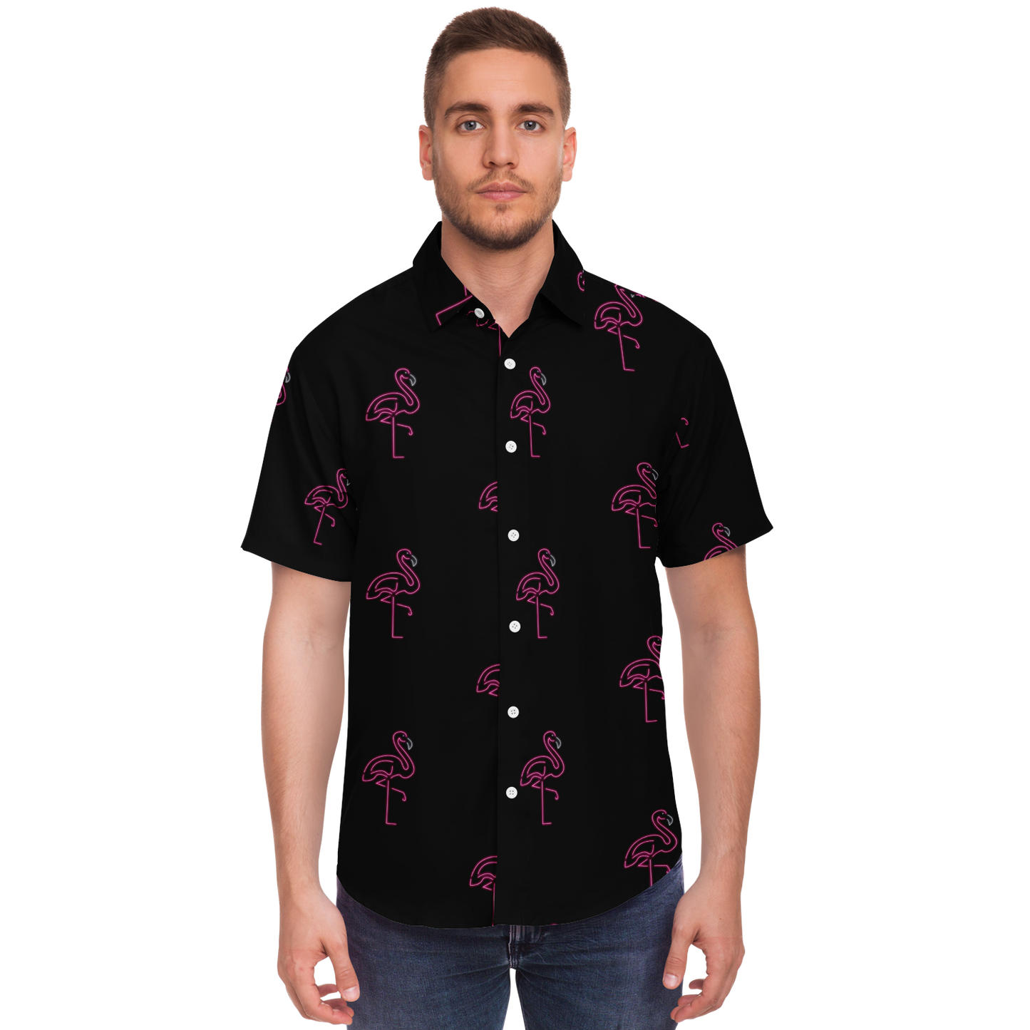 Neon Flamingos-Short Sleeve Button Down Shirt - AOP