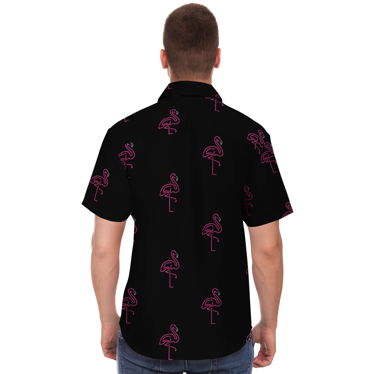 Neon Flamingos-Short Sleeve Button Down Shirt - AOP