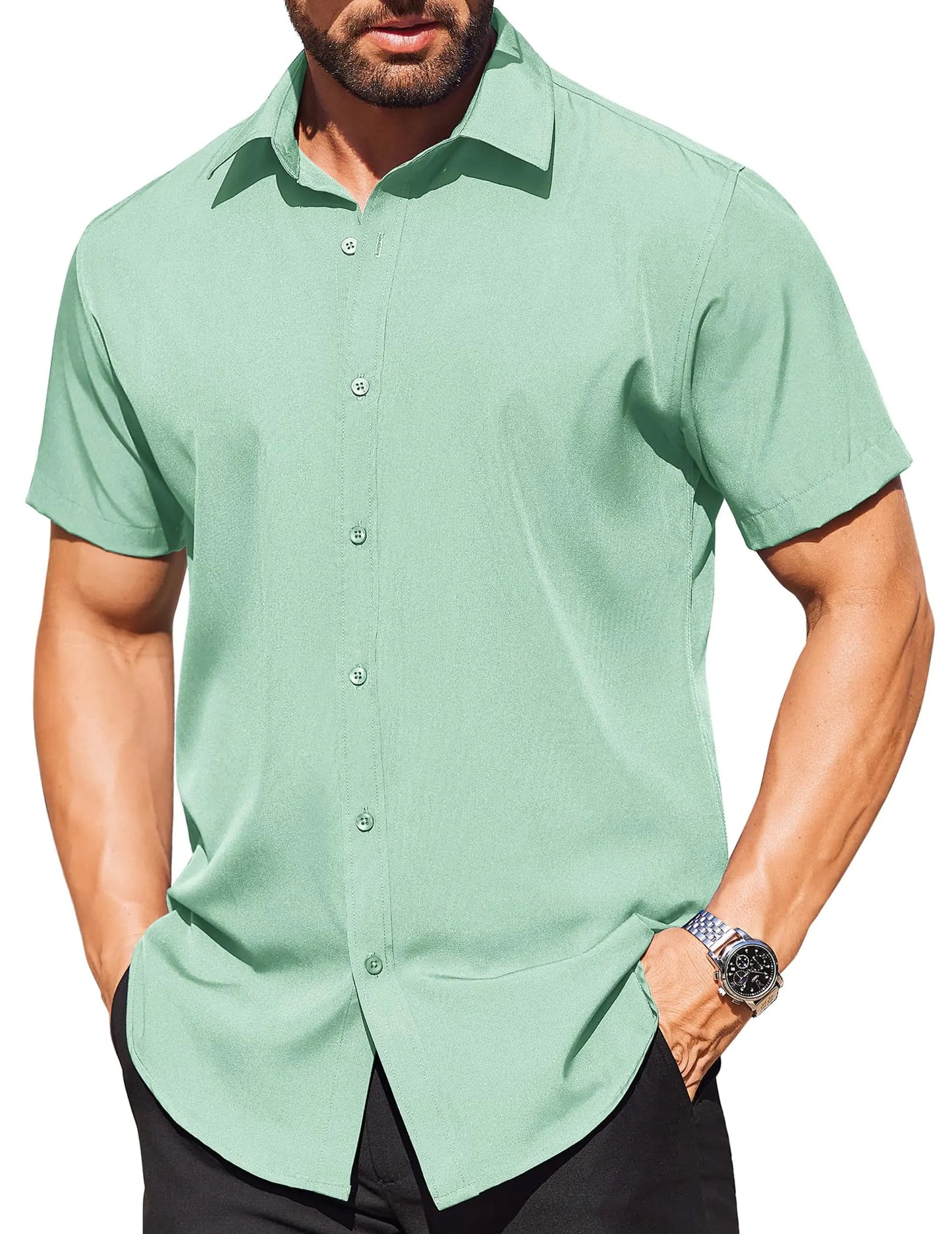 COOFANDY Mens Dress Shirts Short Sleeve Button Up Shirts Silm Fit Wrinkle-Free Formal Office Shirts (Light Green Small)