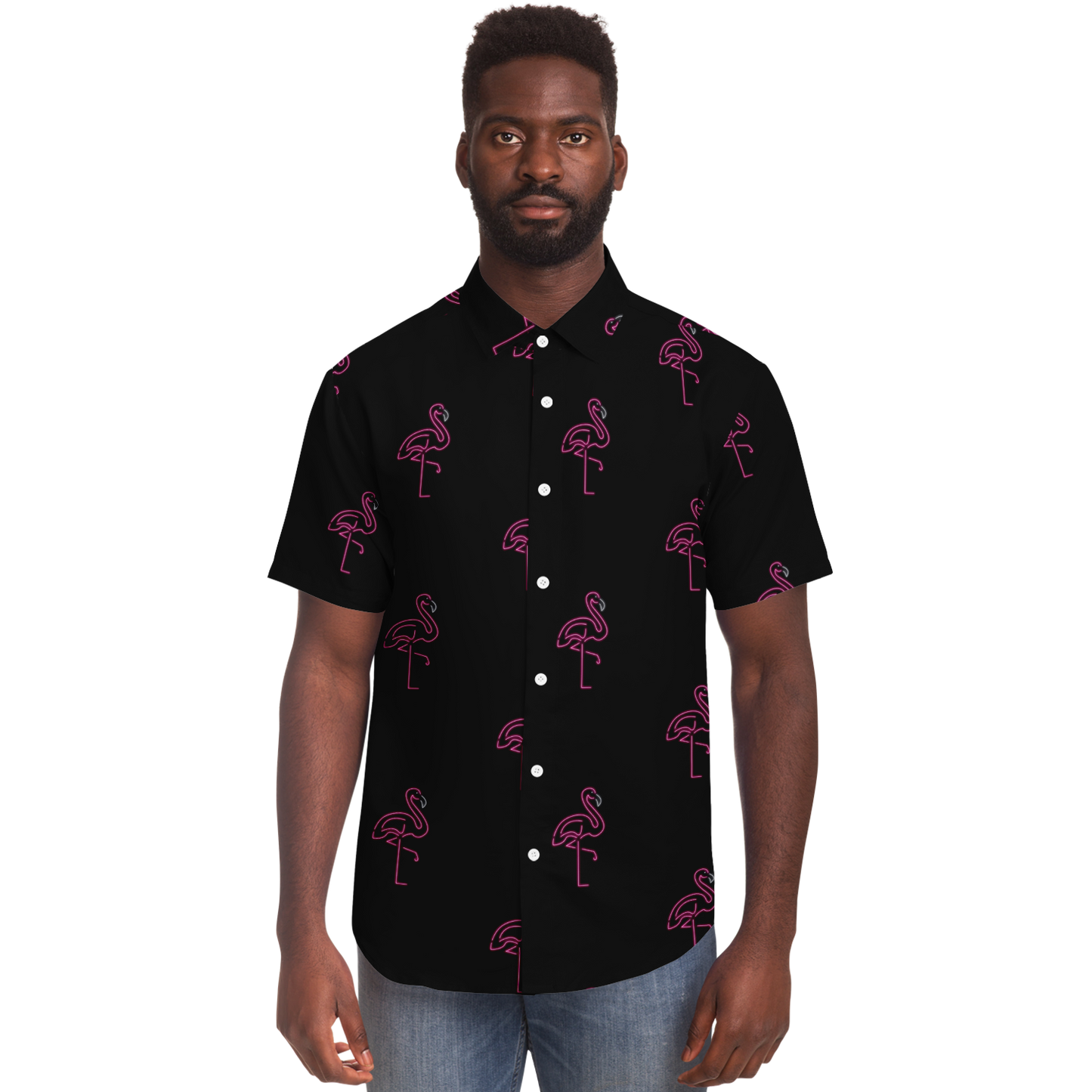 Neon Flamingos-Short Sleeve Button Down Shirt - AOP