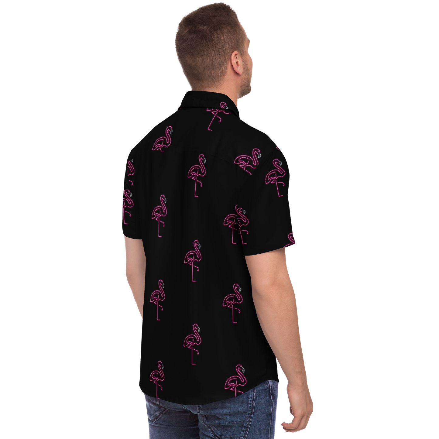 Neon Flamingos-Short Sleeve Button Down Shirt - AOP