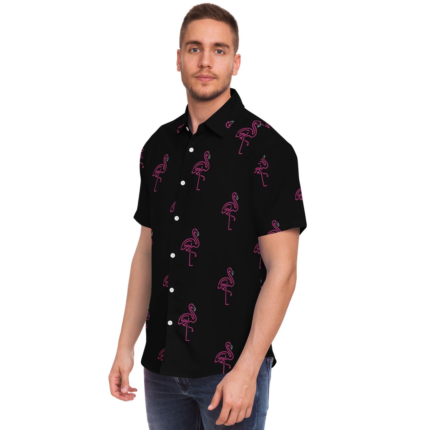 Neon Flamingos-Short Sleeve Button Down Shirt - AOP