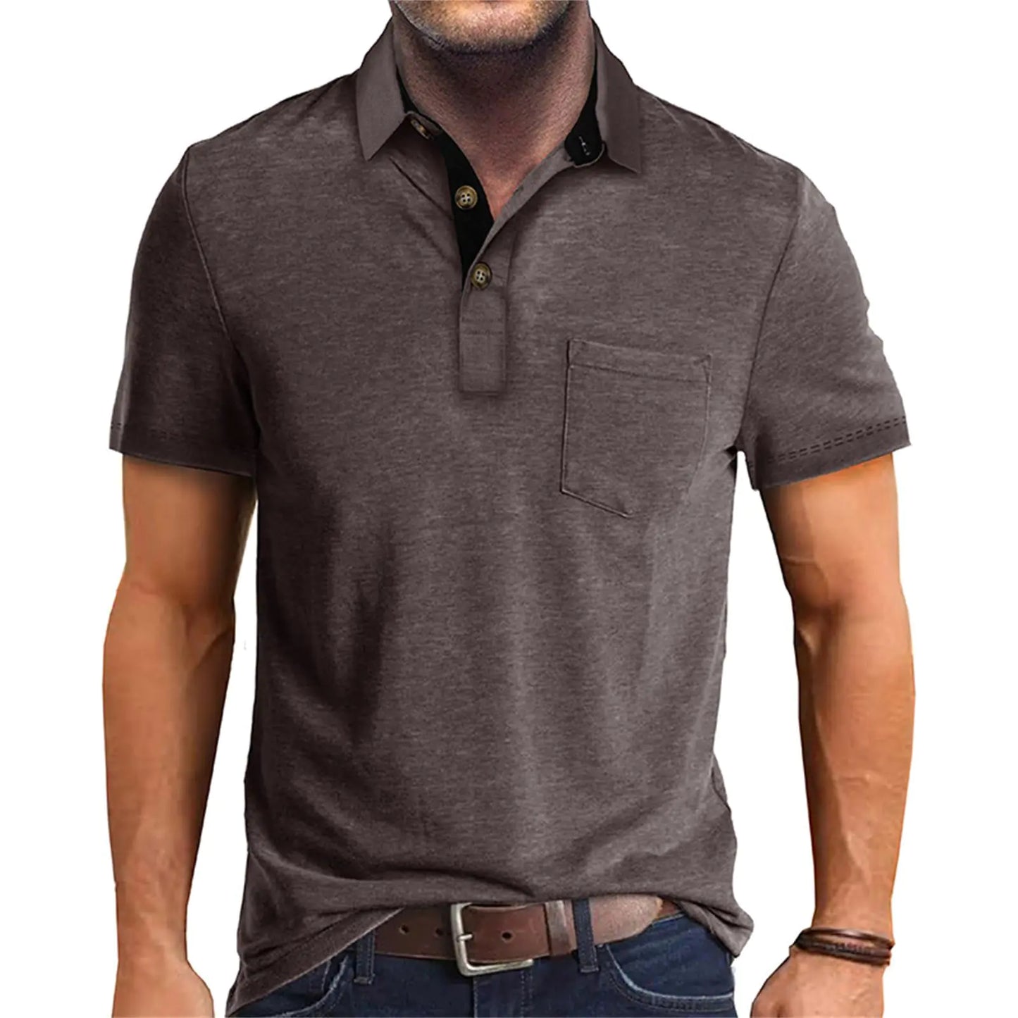 Men’s Athletic Short Sleeve Polo Shirts Casual Moisture Wicking Golf Shirts Buttons Collared Solid T Shirts with Pocket Brown