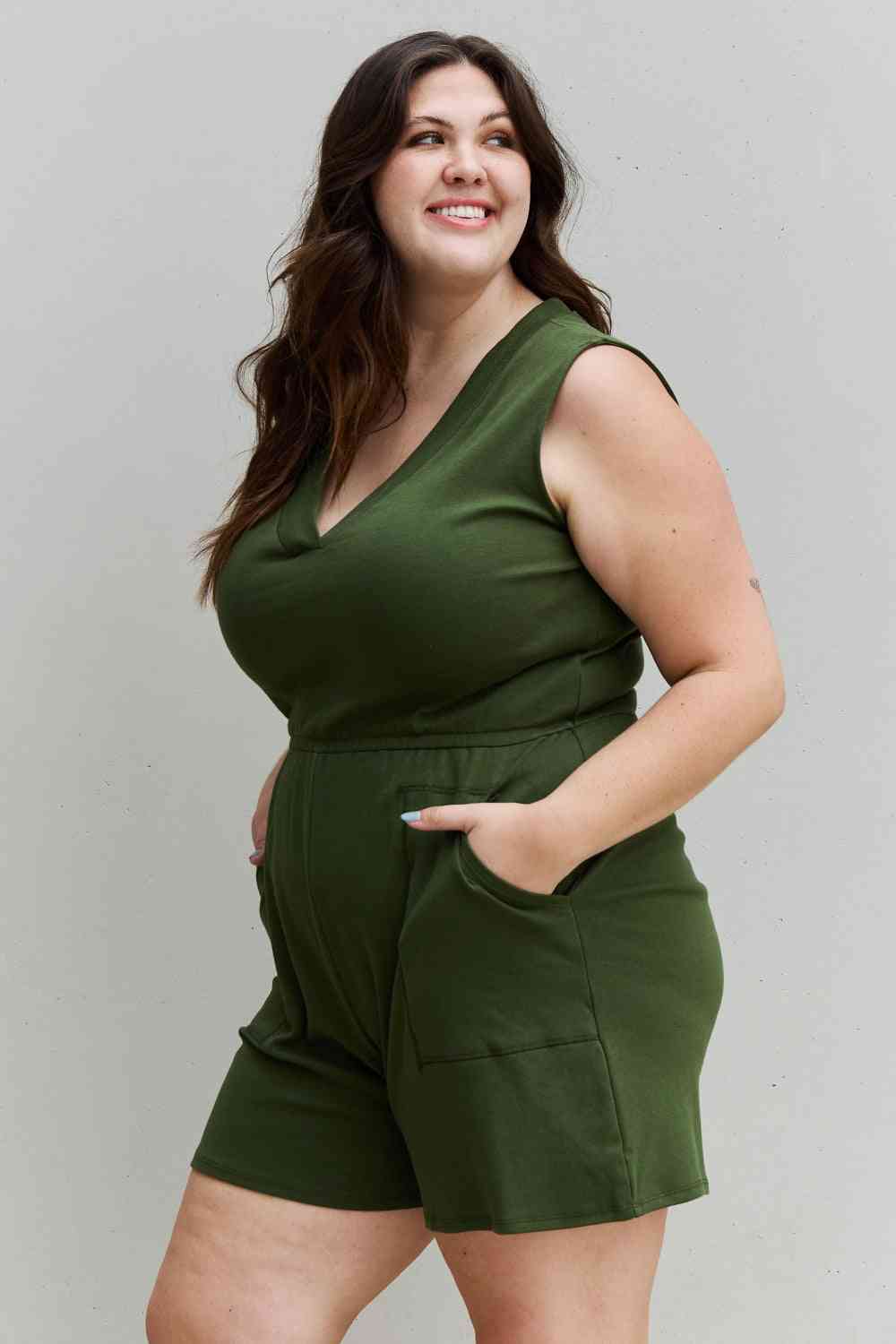 Zenana Forever Yours Full Size V-Neck Sleeveless Romper in Army Green