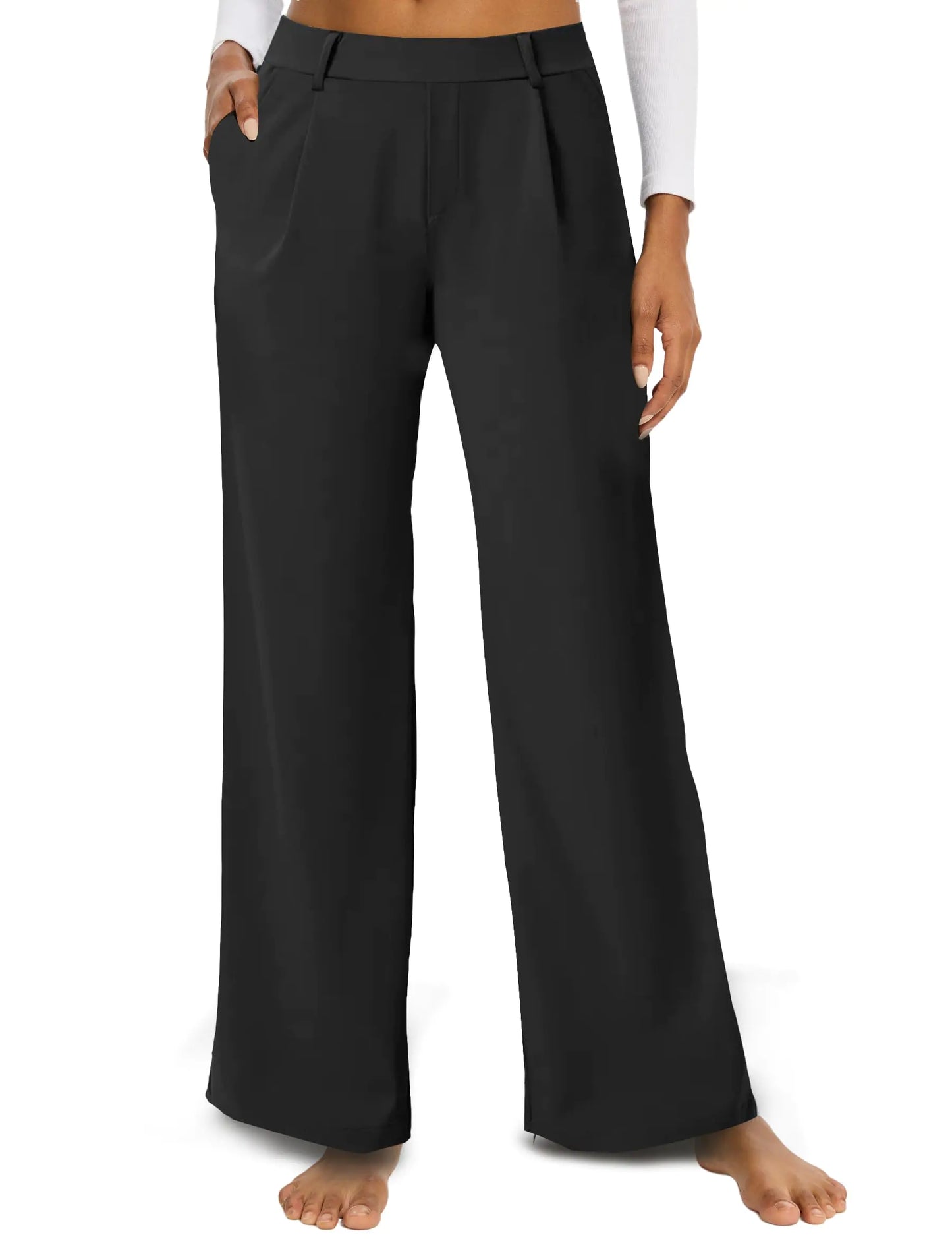 Rheane Black Wide Leg Pants Work Dress Pants for Women with Pockets Yoga Pants Dress Slacks (Black 27.5" L)