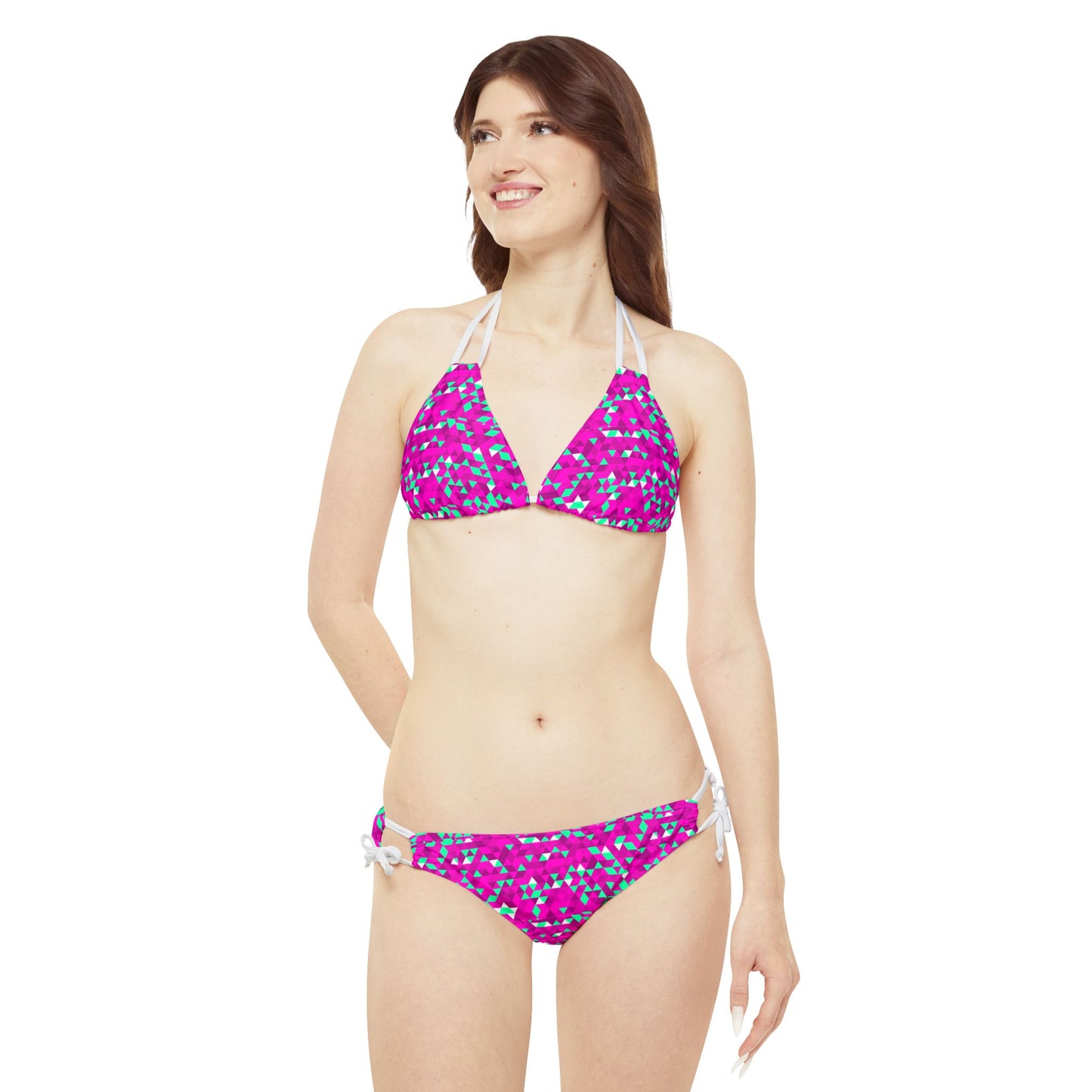 Pink & Teal Triangles–Strappy Bikini Set (AOP)