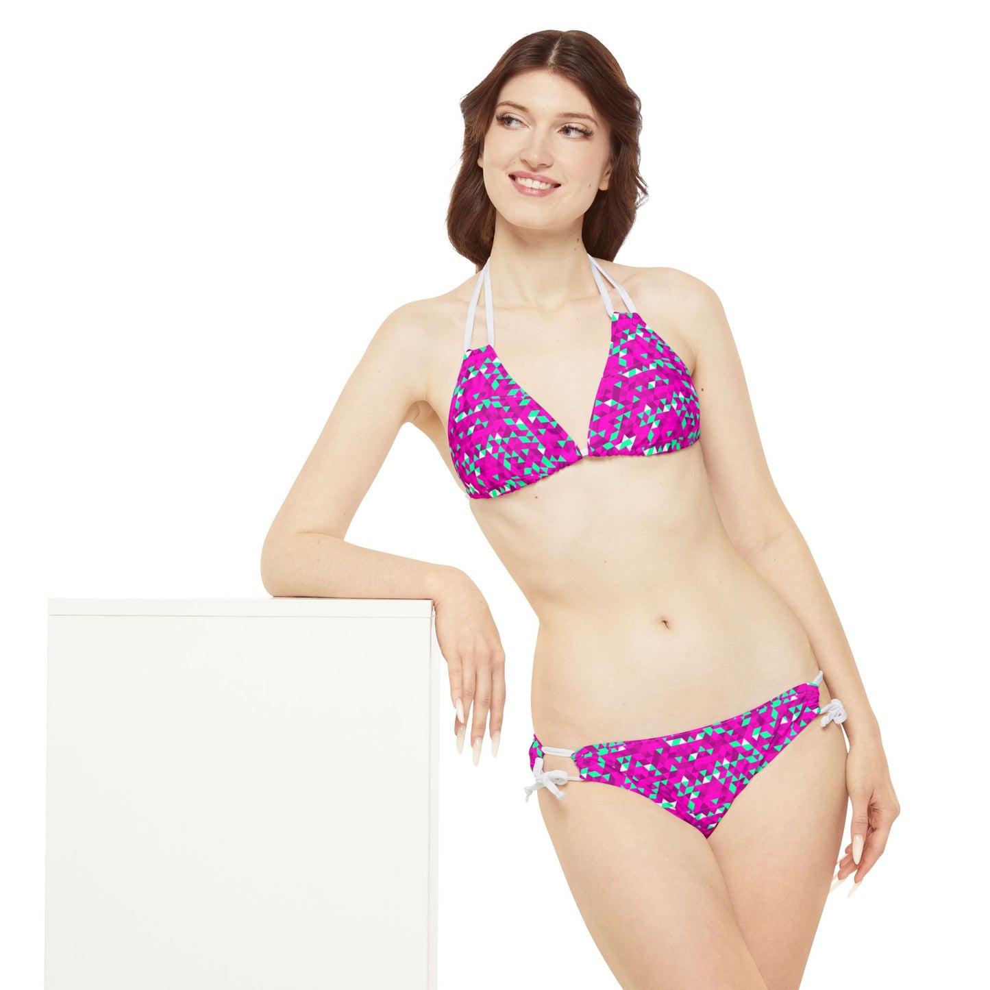 Pink & Teal Triangles–Strappy Bikini Set (AOP)