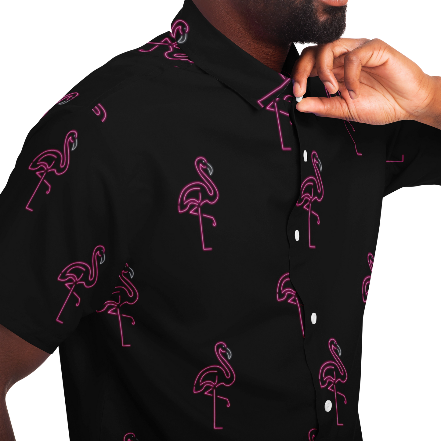 Neon Flamingos-Short Sleeve Button Down Shirt - AOP