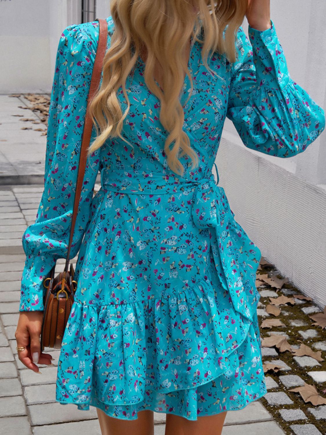 Devine Ruffled Printed Surplice Long Sleeve Mini Dress