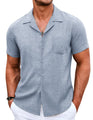 COOFANDY Mens Cuban Guayabera Shirt Short Sleeve Linen Beach Shirts Casual Button Up Shirts Textured Shirts Light Blue