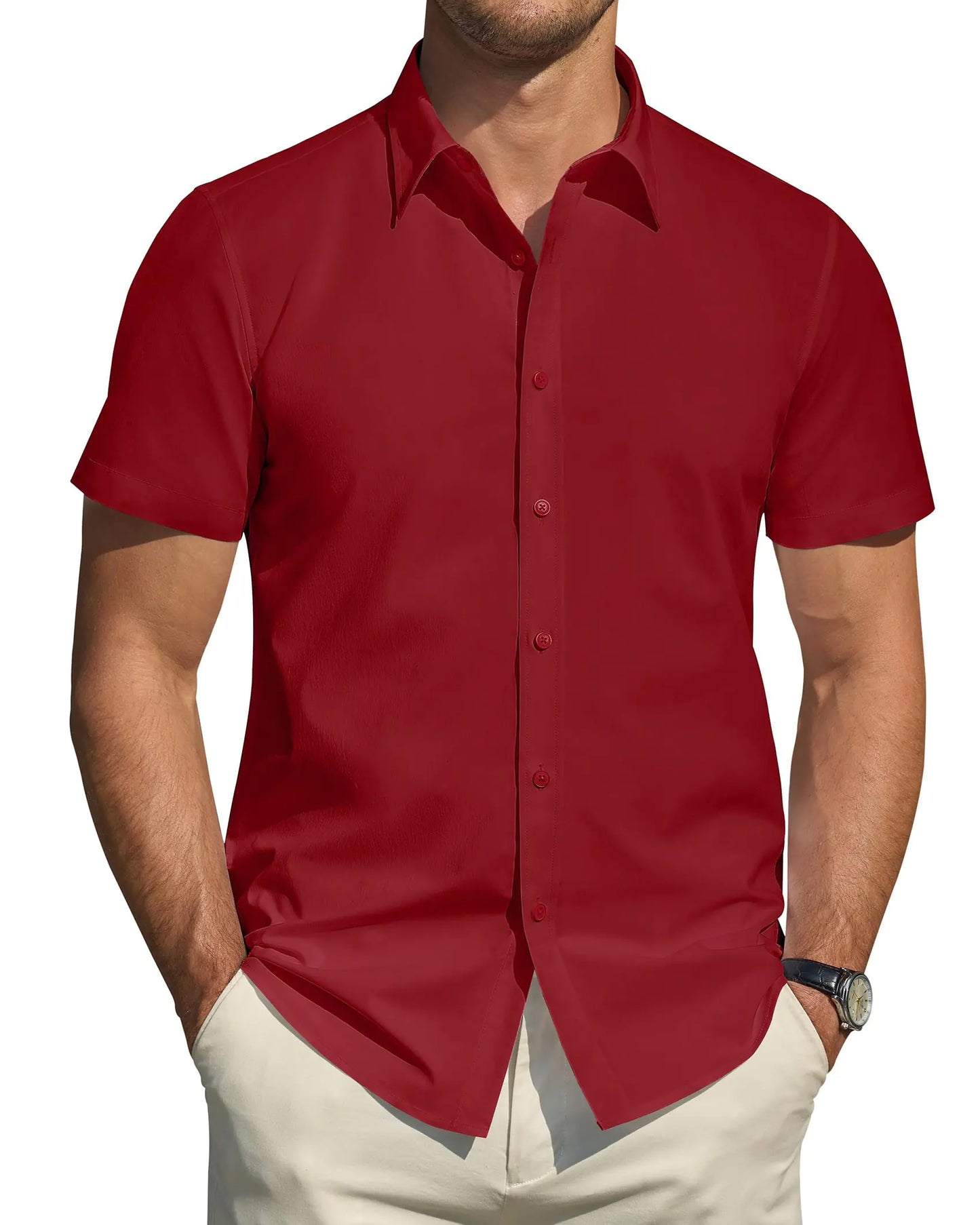 J.VER Mens Button Down Shirts Flex Stain Protection Short Sleeve Shirts Regular Fit Dress Shirts for Men Red Large