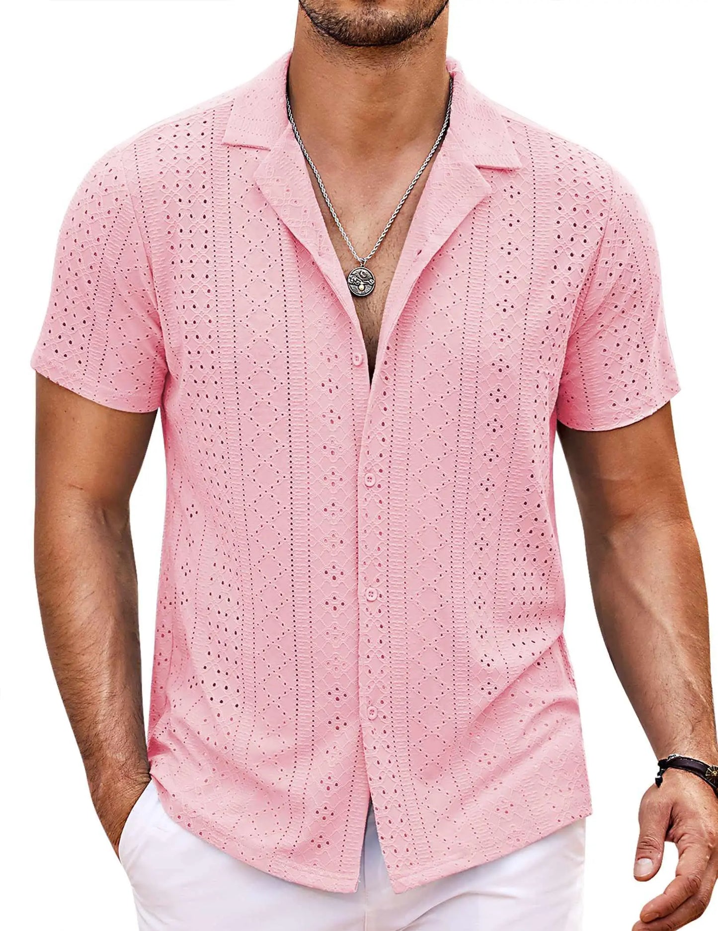 COOFANDY Hawaiian Shirts for Men Linen Untucked Summer Shirts Button Down Beach Shirts for Big and Tall Pink