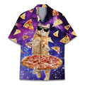 Funny Pizza Cat Hawaiian Shirts for Men Galaxy Space Bowling Shirts Mens Hawaiian Shirts Short Sleeve Button Down Shirt