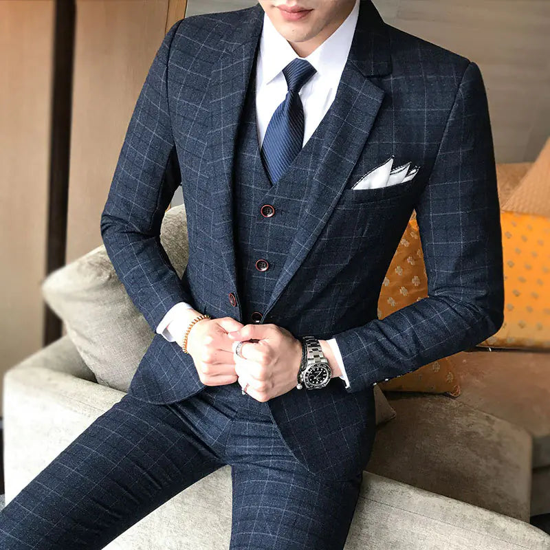 2018 Men's Business Casual Plaid Suit Set