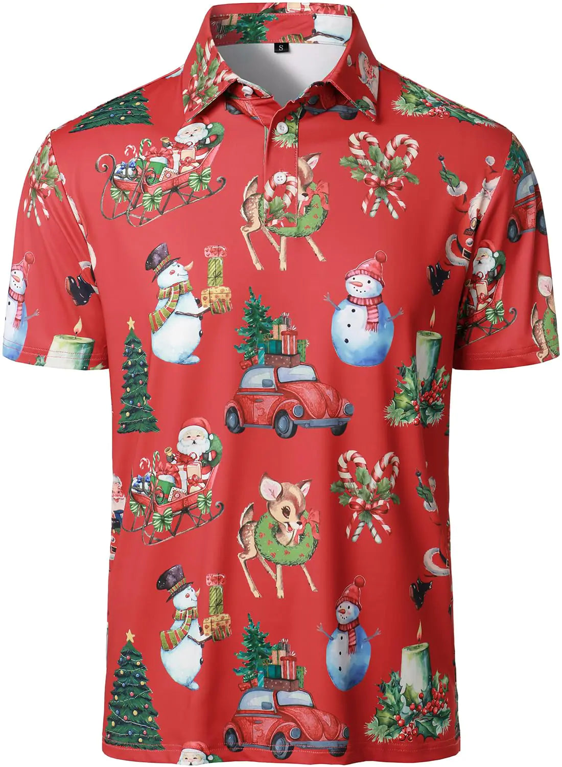 HOOD CREW Men’s Funny Golf Shirts Christmas Hawaiian Shirts Short Sleeve Cartoon Printed Polo Shirts Red
