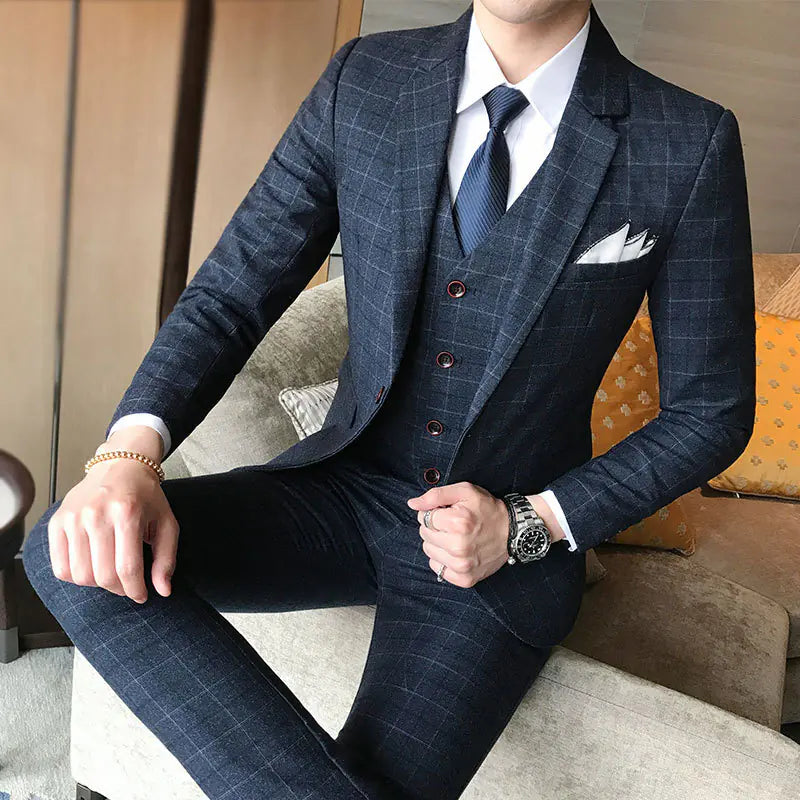 2018 Men's Business Casual Plaid Suit Set