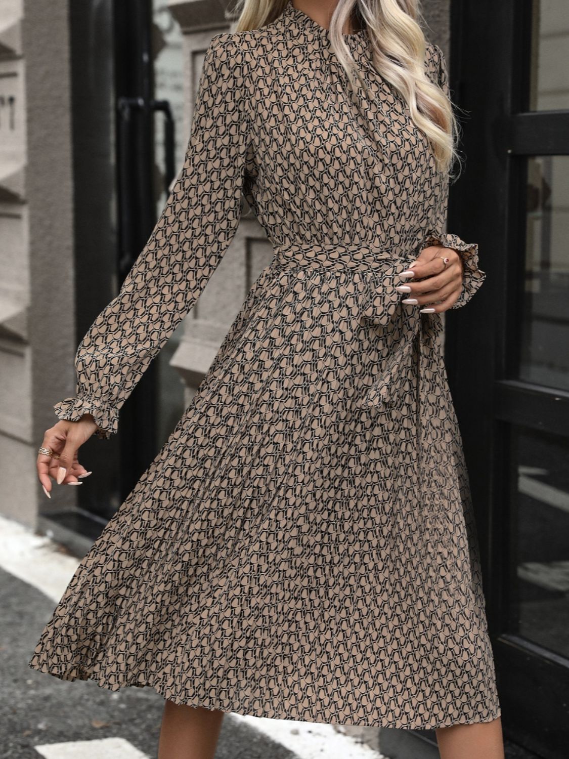 Perfee Printed Mock Neck Flounce Sleeve Dress