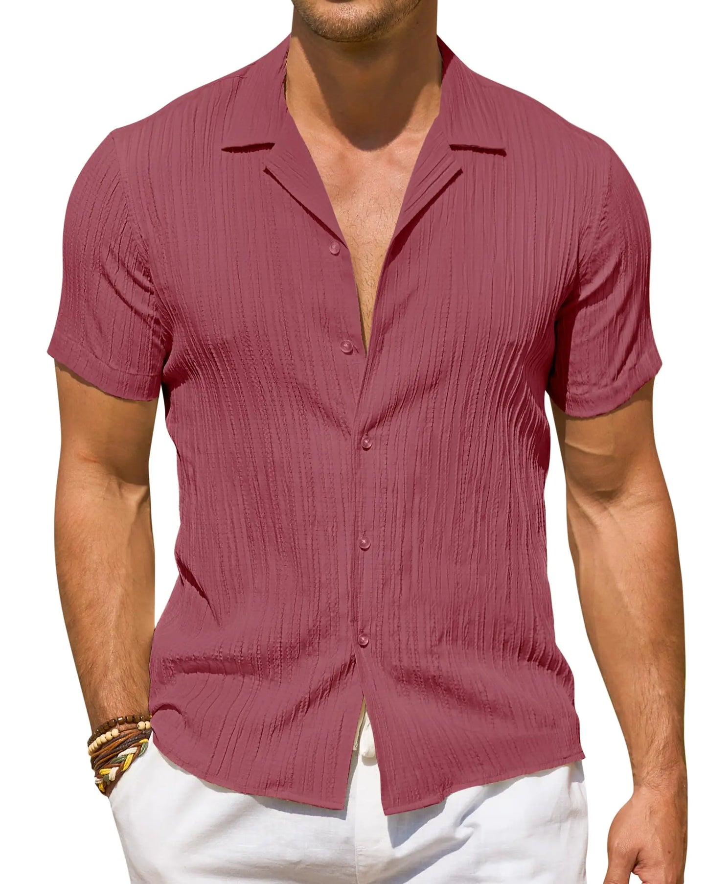 DEMEANOR Textured Linen Shirts for Men Short Sleeve Linen Shirt Casual Button Down Shirts Summer Beach Hawaiian Shirts Pink