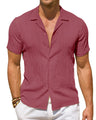 DEMEANOR Textured Linen Shirts for Men Short Sleeve Linen Shirt Casual Button Down Shirts Summer Beach Hawaiian Shirts Pink