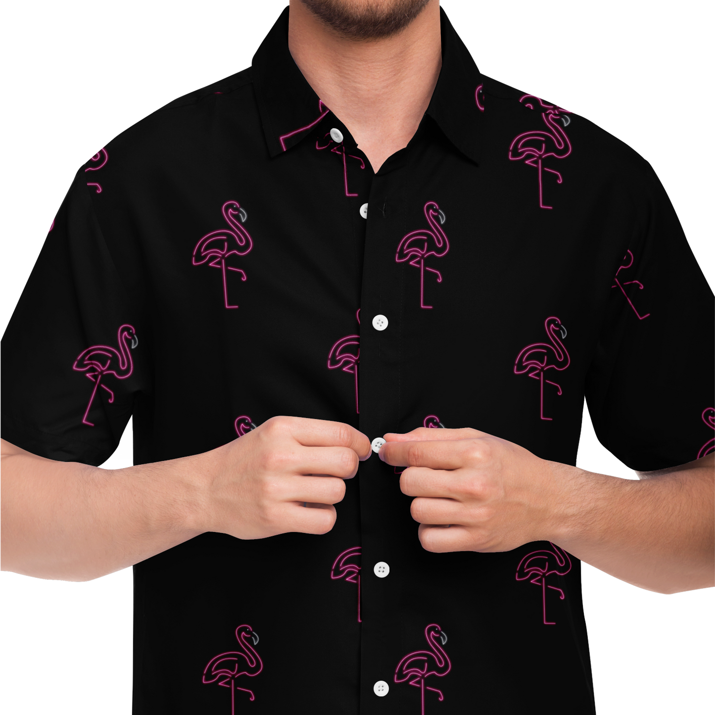 Neon Flamingos-Short Sleeve Button Down Shirt - AOP