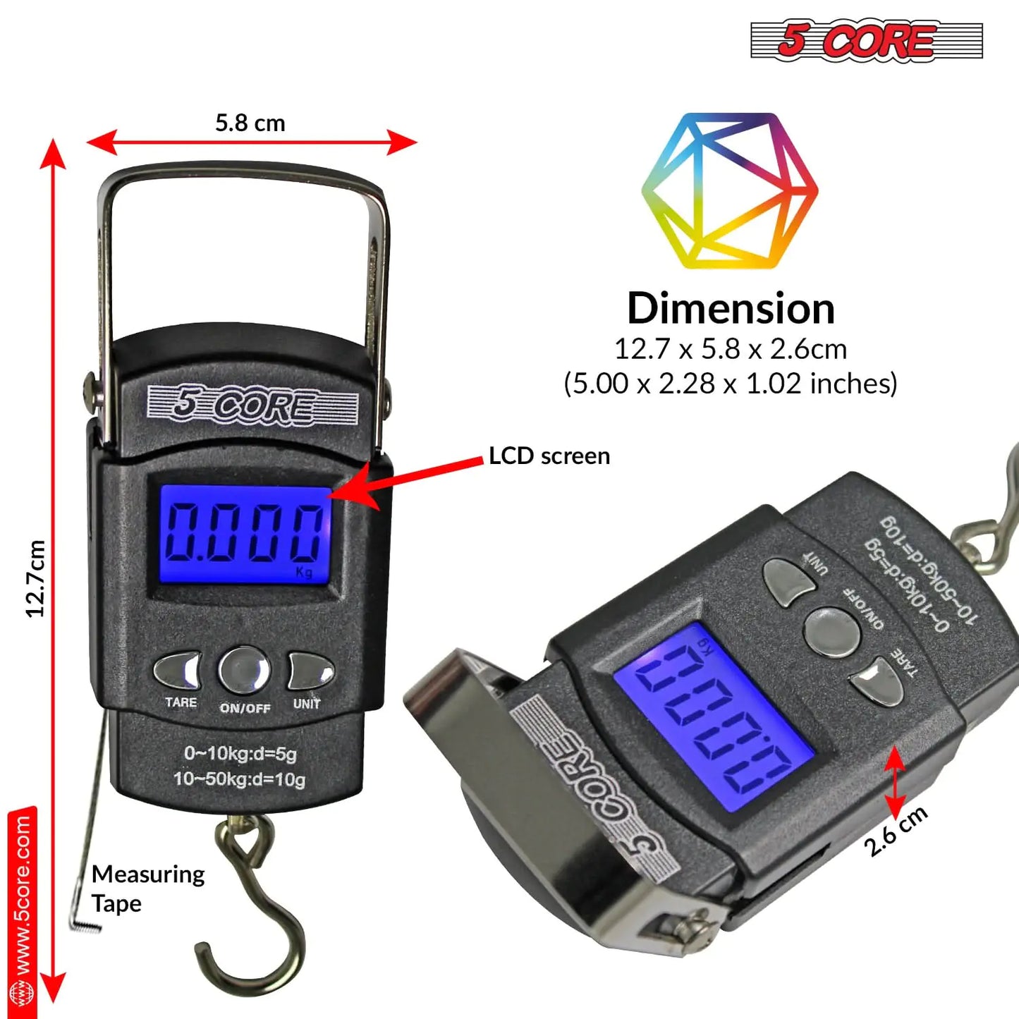 5Core Digital Fishing Scale 110lb/50kg Hanging Luggage Weighing Scales w Measuring Tape