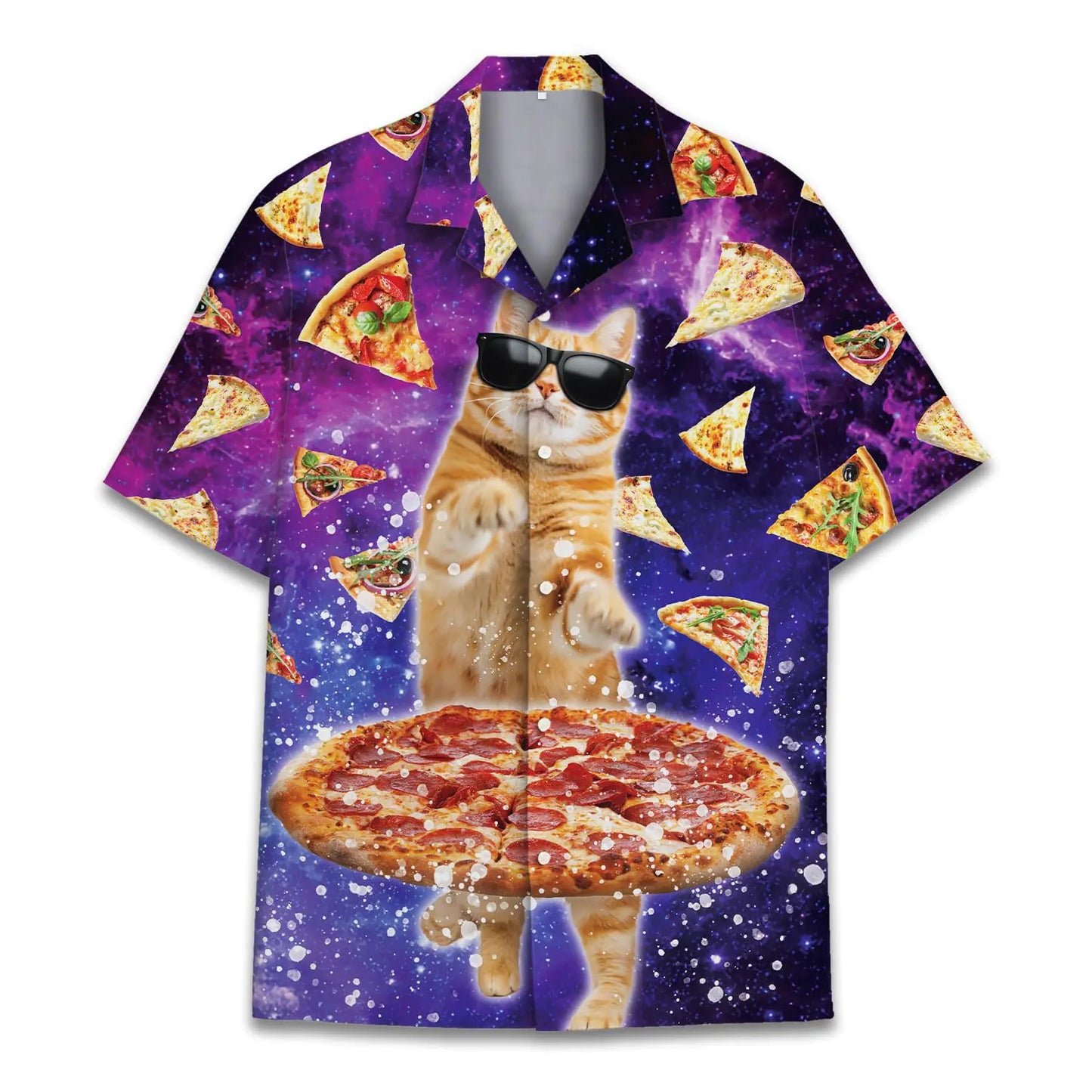 Funny Pizza Cat Hawaiian Shirts for Men Galaxy Space Bowling Shirts Mens Hawaiian Shirts Short Sleeve Button Down Shirt
