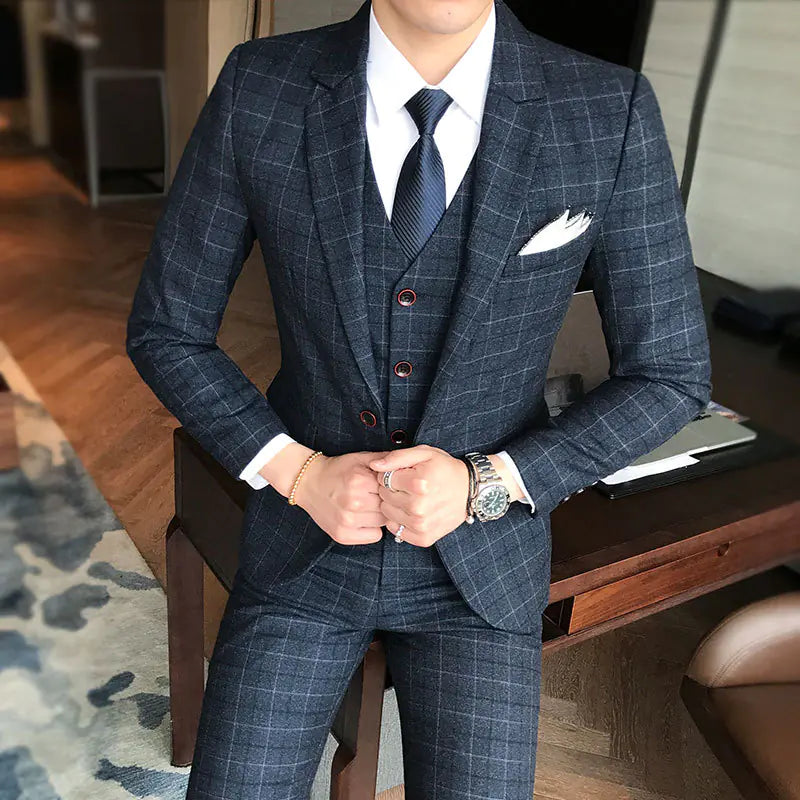 2018 Men's Business Casual Plaid Suit Set