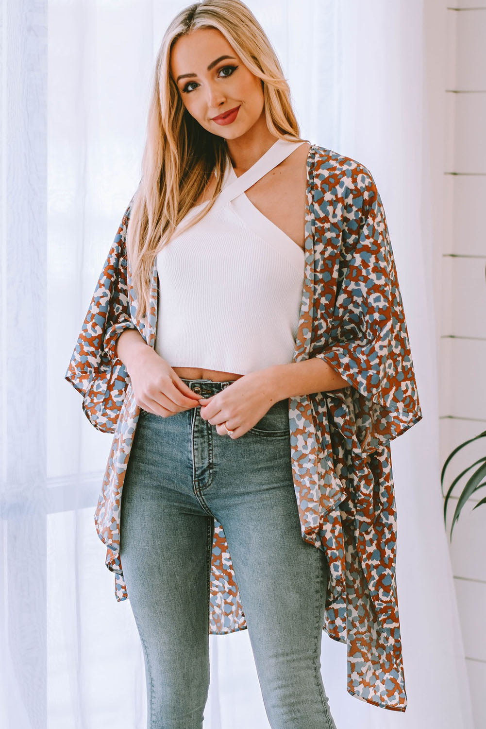 Printed Open Front Three-Quarter Sleeve Cover Up