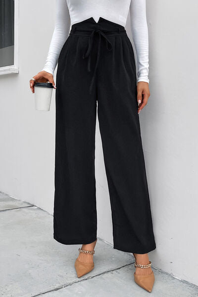High Waist Ruched Tie Front Wide Leg Pants