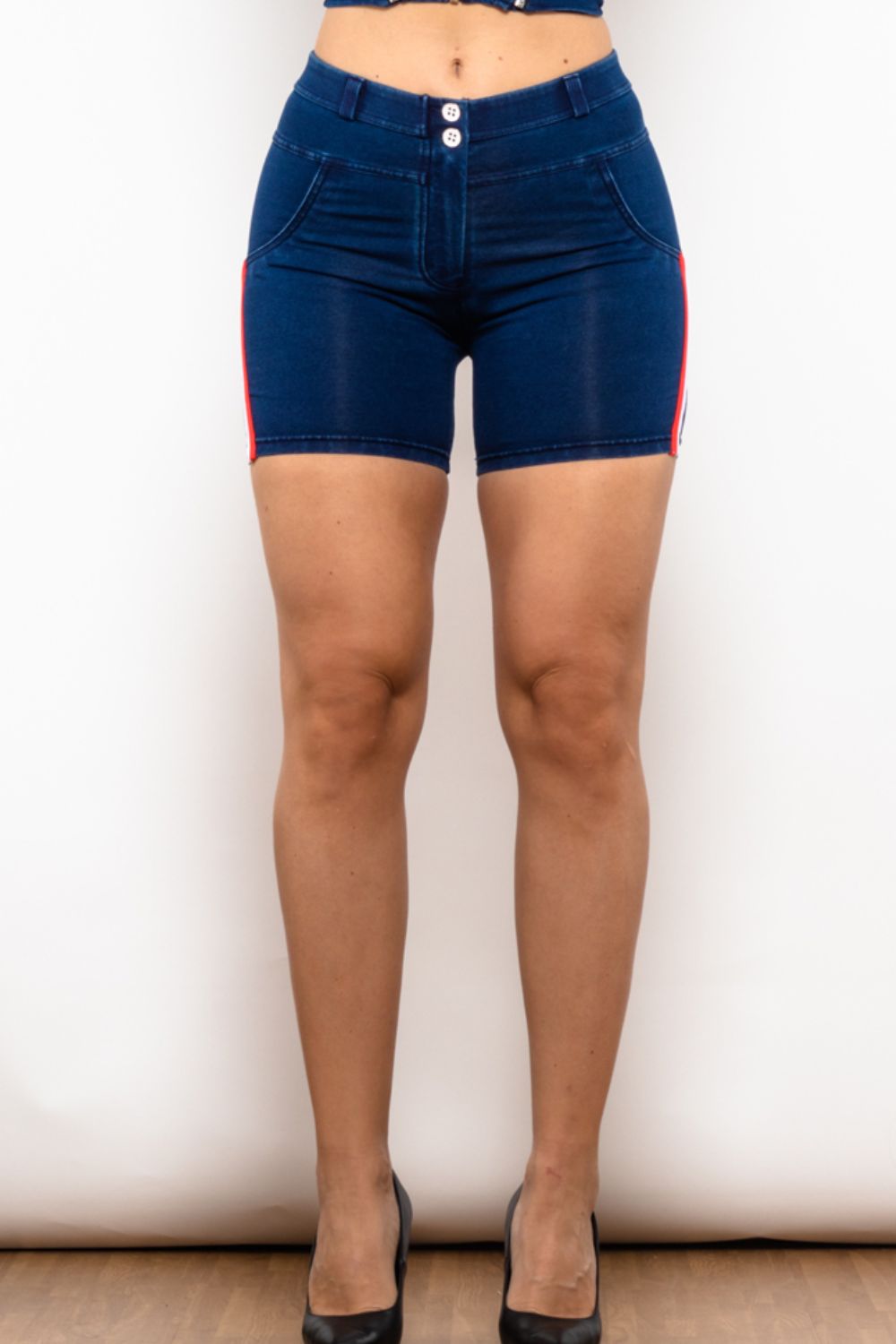 Full Size Side Stripe Buttoned Denim Shorts